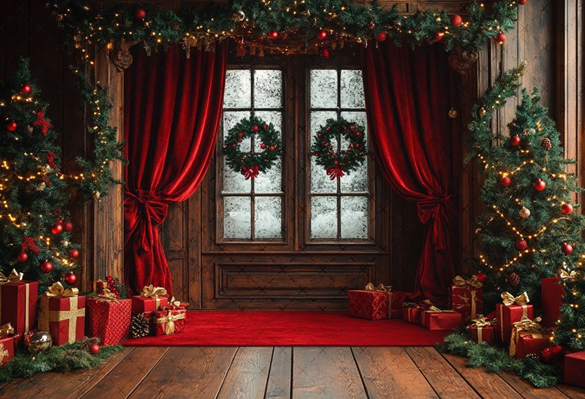 Fundo Fotográfico Mehofond para Natal, Cortinas Vermelhas Internas, Presentes, Á
