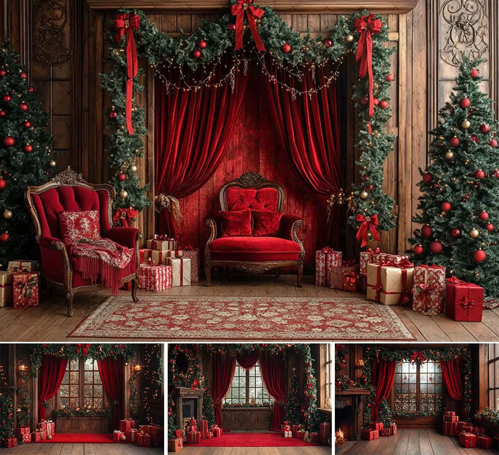 Fundo Fotográfico Mehofond para Natal, Cortinas Vermelhas Internas, Presentes, Á