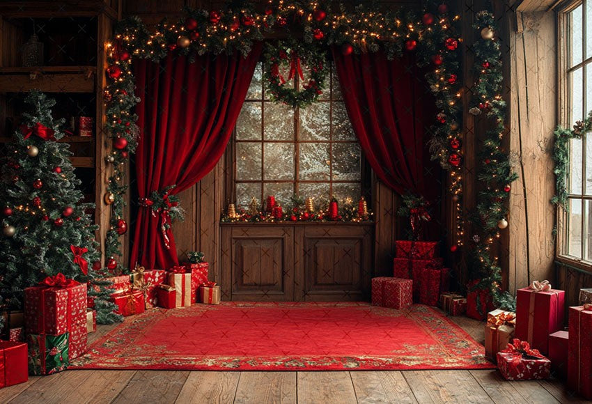Fundo Fotográfico Mehofond para Natal, Cortinas Vermelhas Internas, Presentes, Á