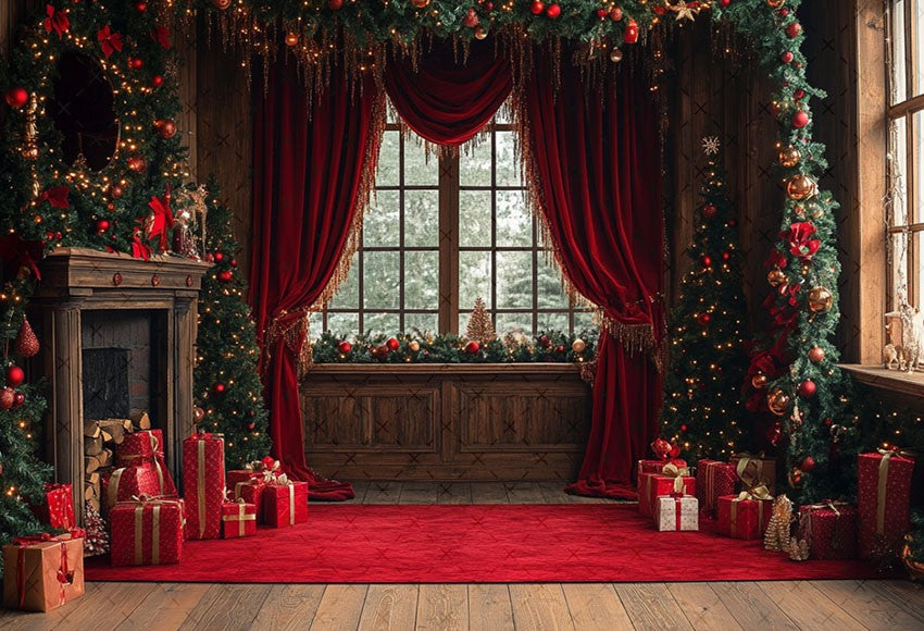 Fundo Fotográfico Mehofond para Natal, Cortinas Vermelhas Internas, Presentes, Á