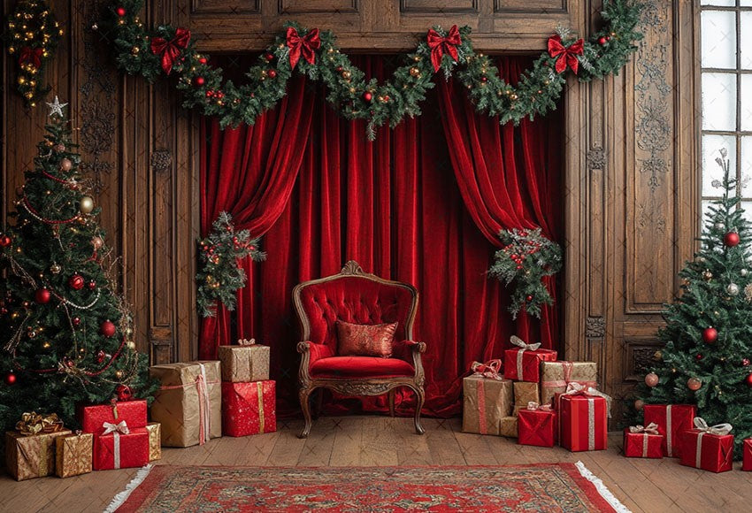 Fundo Fotográfico Mehofond para Natal, Cortinas Vermelhas Internas, Presentes, Á