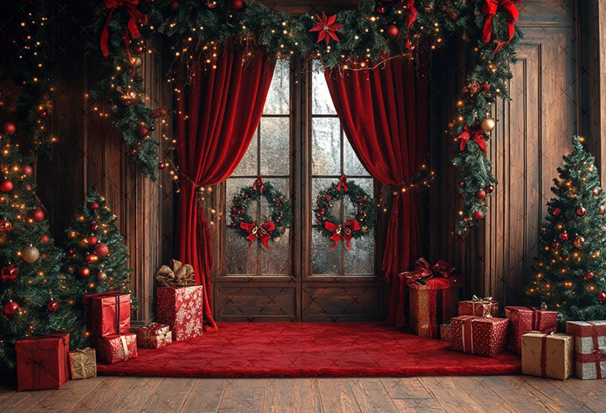 Fundo Fotográfico Mehofond para Natal, Cortinas Vermelhas Internas, Presentes, Á