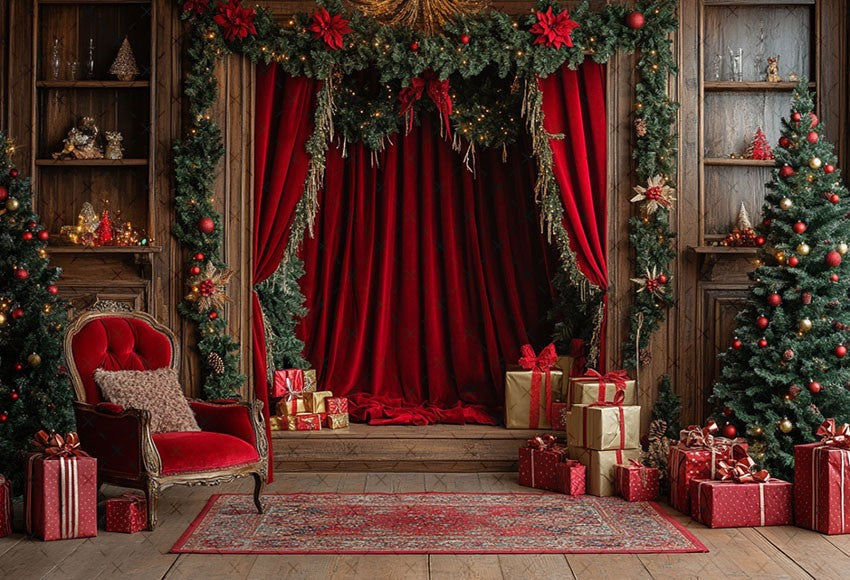 Fundo Fotográfico Mehofond para Natal, Cortinas Vermelhas Internas, Presentes, Á