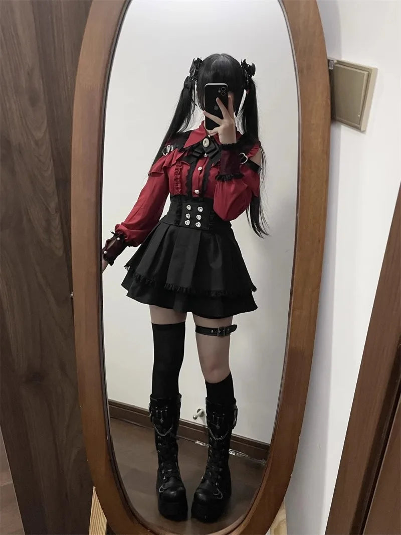 Conjunto Jirai Kei Lolita Y2K – Blusa de Renda Manga Curta/Longa + Saia Preta Kawaii