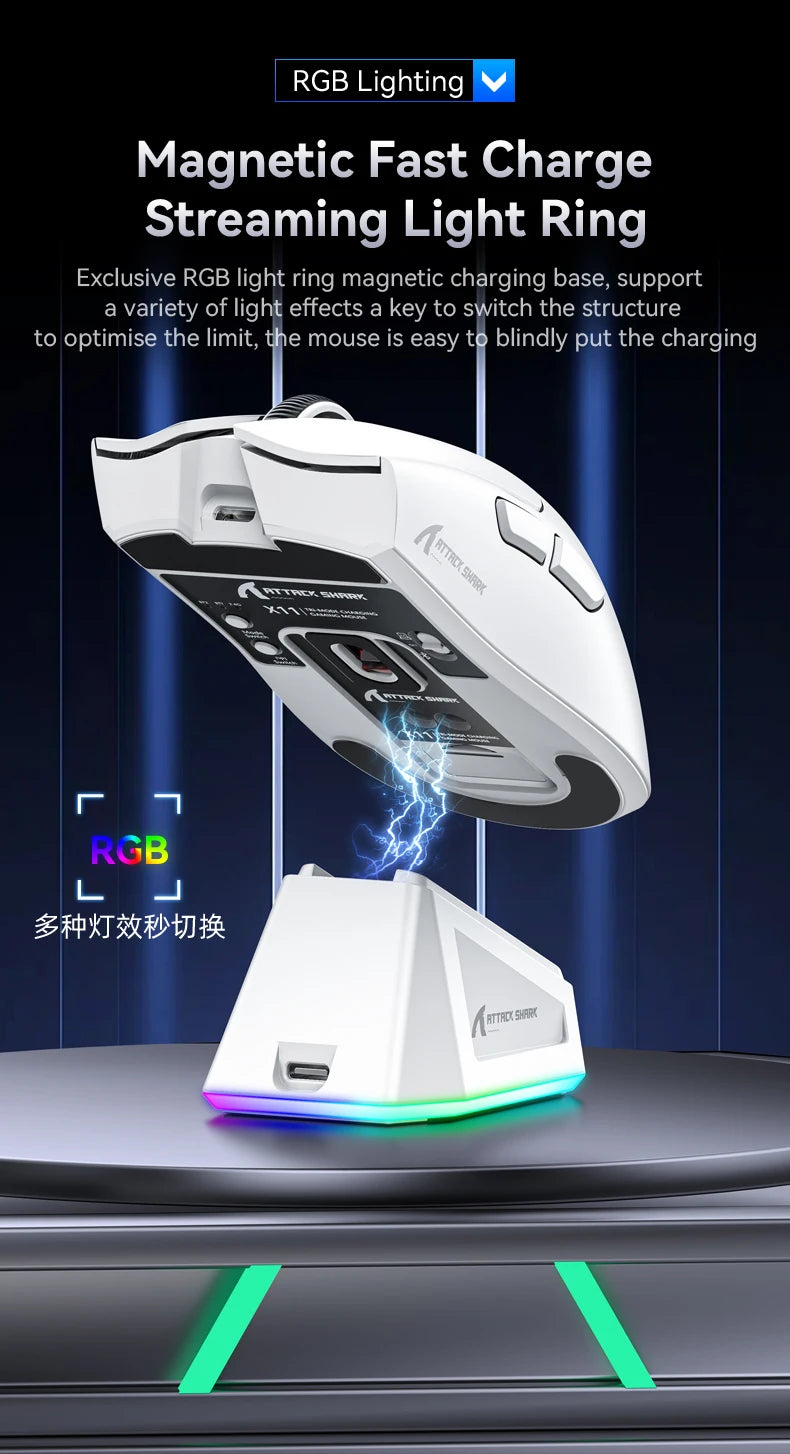 Mouse Gamer Attack Shark X11 Sem Fio Bluetooth 3 Modos – RGB, PAW3311, Carregamento Magnético