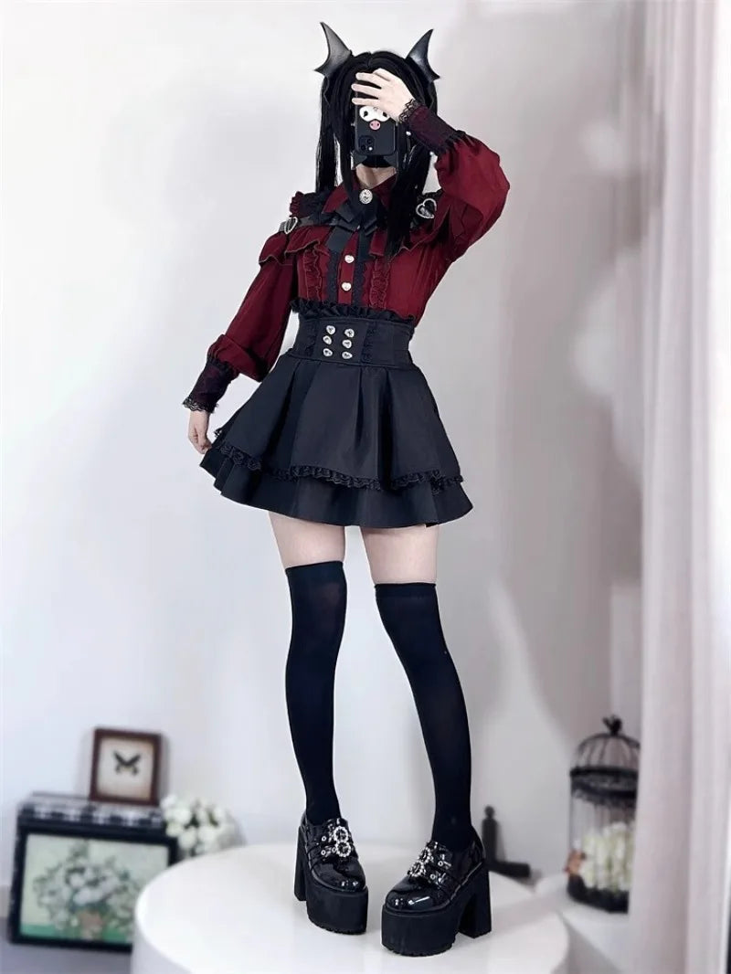 Conjunto Jirai Kei Lolita Y2K – Blusa de Renda Manga Curta/Longa + Saia Preta Kawaii