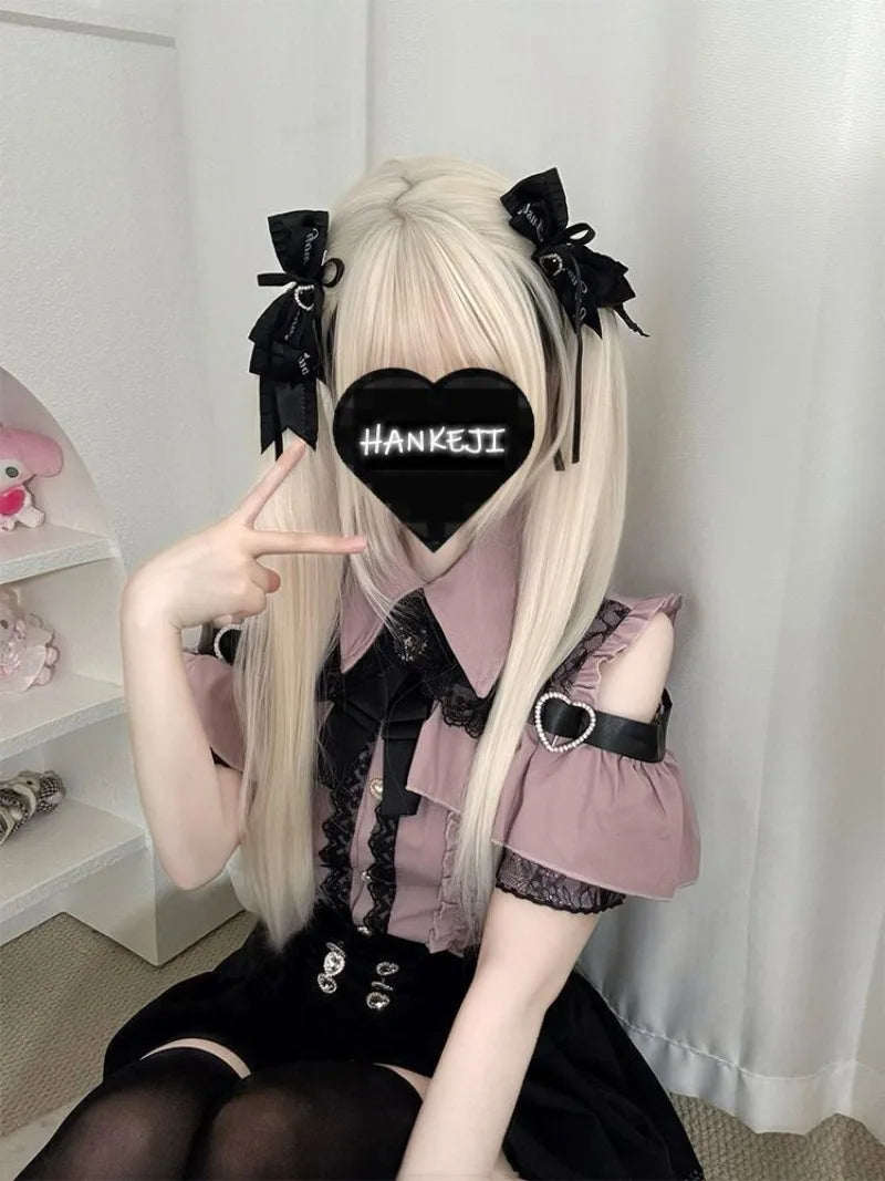 Conjunto Jirai Kei Lolita Y2K – Blusa de Renda Manga Curta/Longa + Saia Preta Kawaii