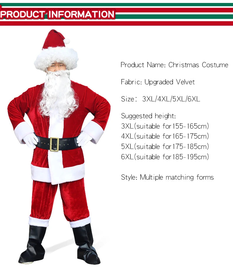 Fantasia Papai Noel Cosplay – Conjunto Veludo Dourado Natal | 5 a 10 Peças Adulto