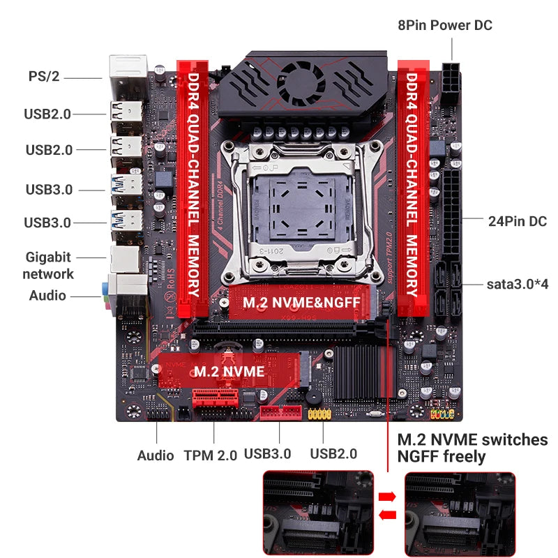Kit Placa-Mãe QIYIDA X99 H9S com Xeon E5 2630 V4, DDR4 16GB, NVME M.2 e TPM 2.0