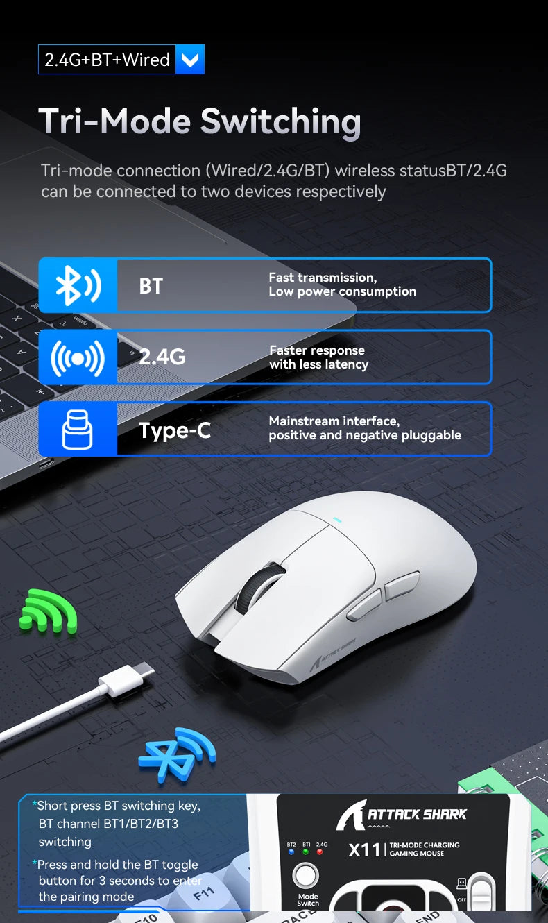 Mouse Gamer Attack Shark X11 Sem Fio Bluetooth 3 Modos – RGB, PAW3311, Carregamento Magnético