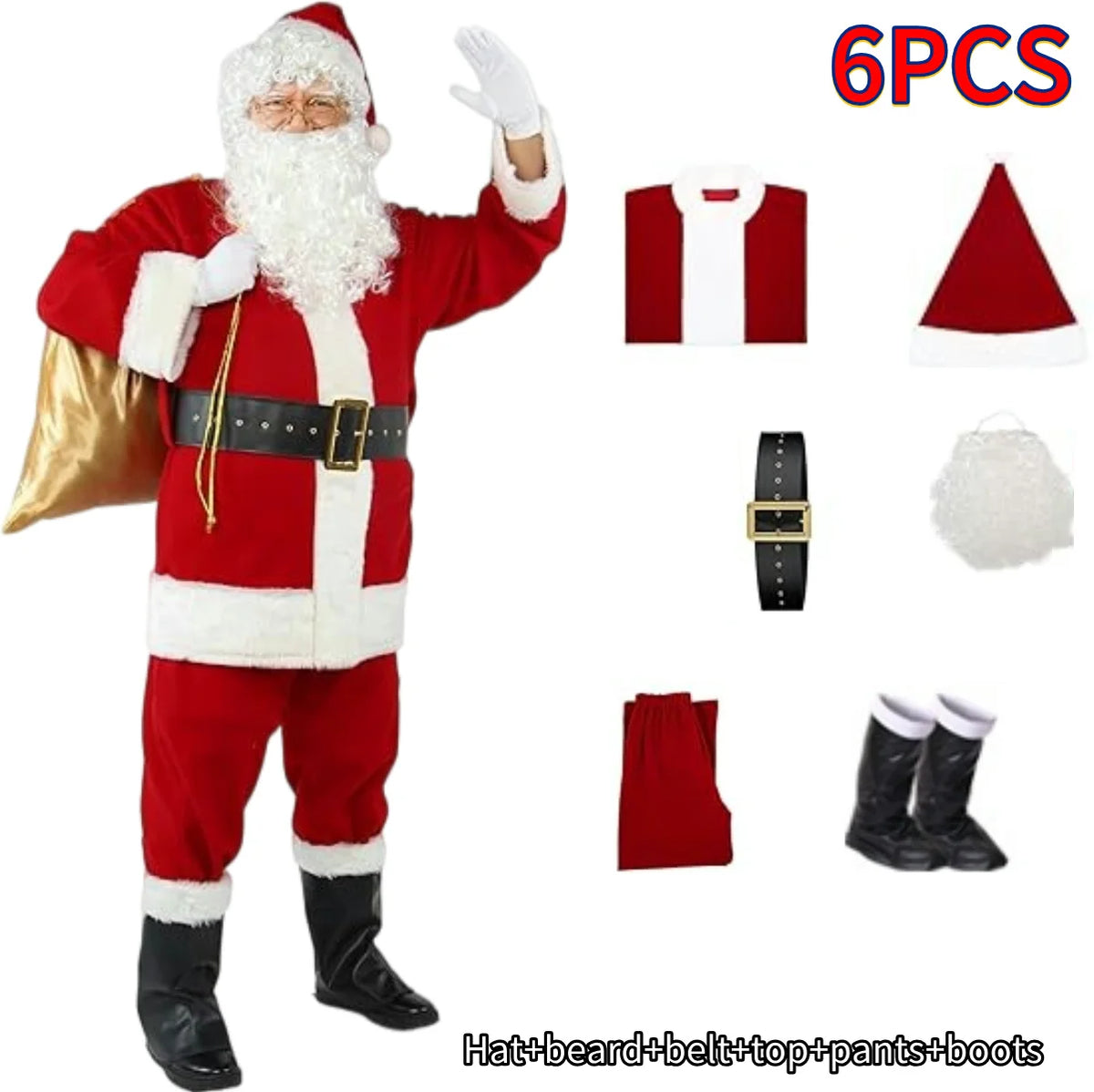Fantasia Papai Noel Cosplay – Conjunto Veludo Dourado Natal | 5 a 10 Peças Adulto