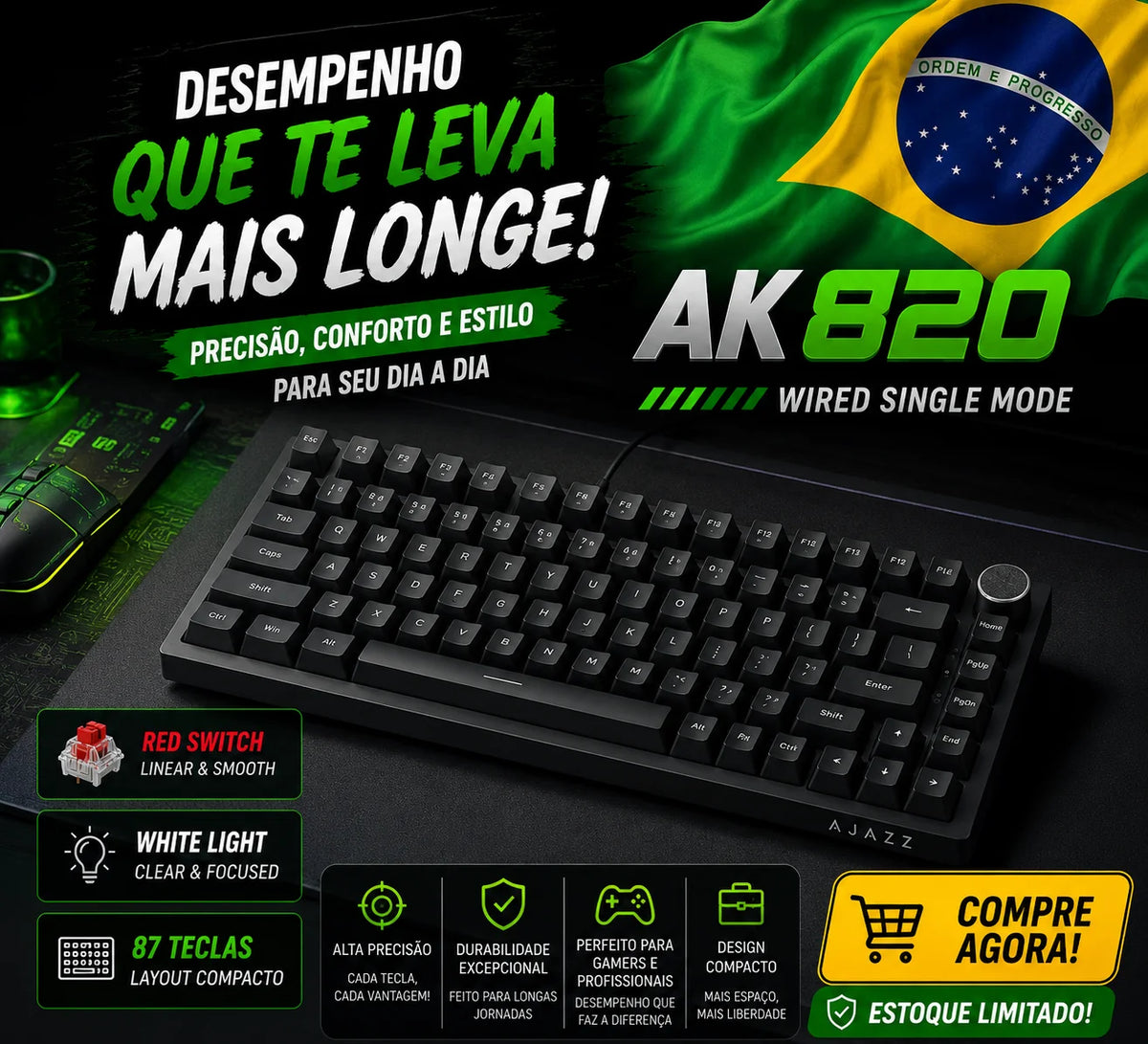 Teclado Mecânico Sem Fio AJAZZ AK820 Pro – Bluetooth 5.1, 2.4G, USB-C, RGB, Hot Swap, Gasket Mount