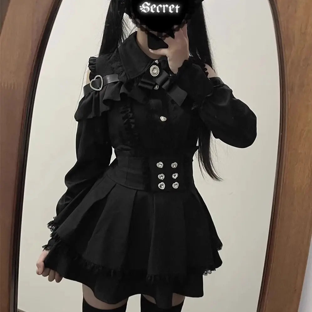 Conjunto Jirai Kei Lolita Y2K – Blusa de Renda Manga Curta/Longa + Saia Preta Kawaii