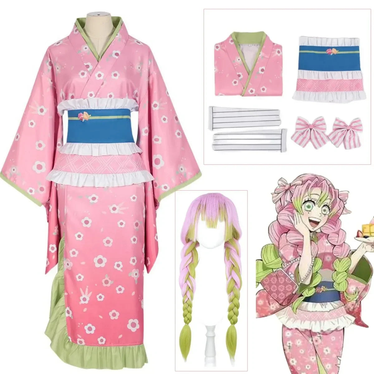 Fantasia Kanroji Mitsuri – Demon Slayer | Kimono Rosa Completo com Peruca Opcional
