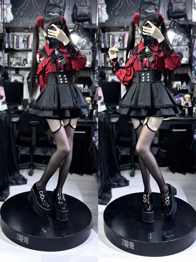 Conjunto Jirai Kei Lolita Y2K – Blusa de Renda Manga Curta/Longa + Saia Preta Kawaii