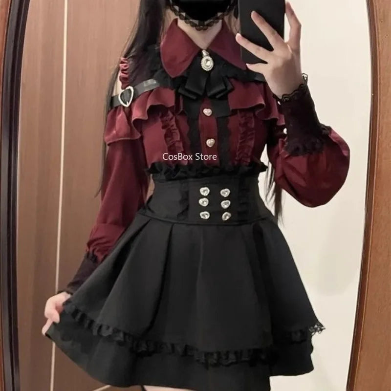Conjunto Jirai Kei Lolita Y2K – Blusa de Renda Manga Curta/Longa + Saia Preta Kawaii