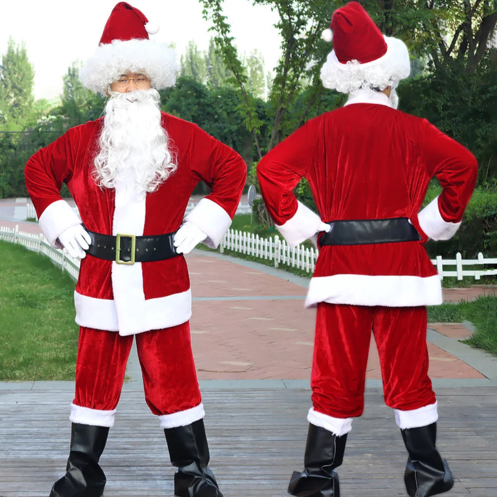 Fantasia Papai Noel Cosplay – Conjunto Veludo Dourado Natal | 5 a 10 Peças Adulto