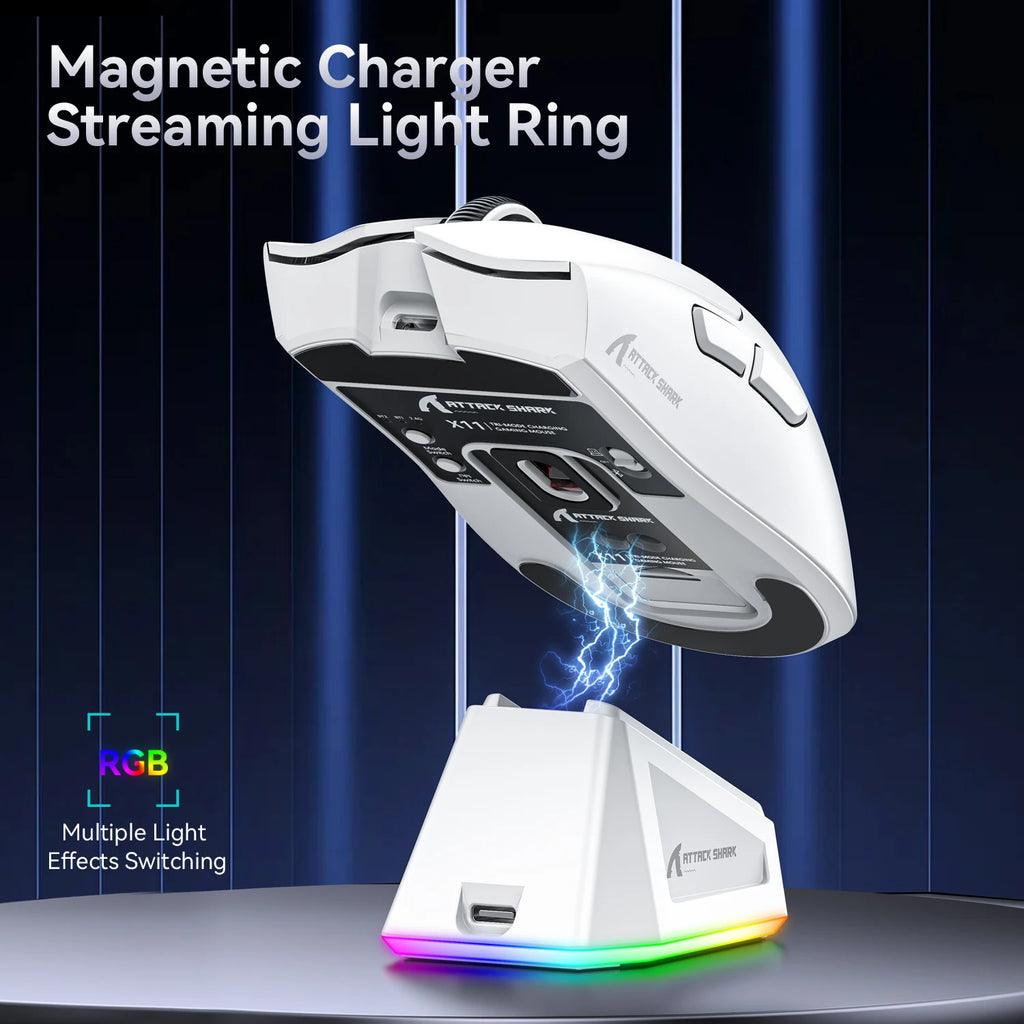 Mouse Gamer Attack Shark X11 Sem Fio Bluetooth 3 Modos – RGB, PAW3311, Carregamento Magnético