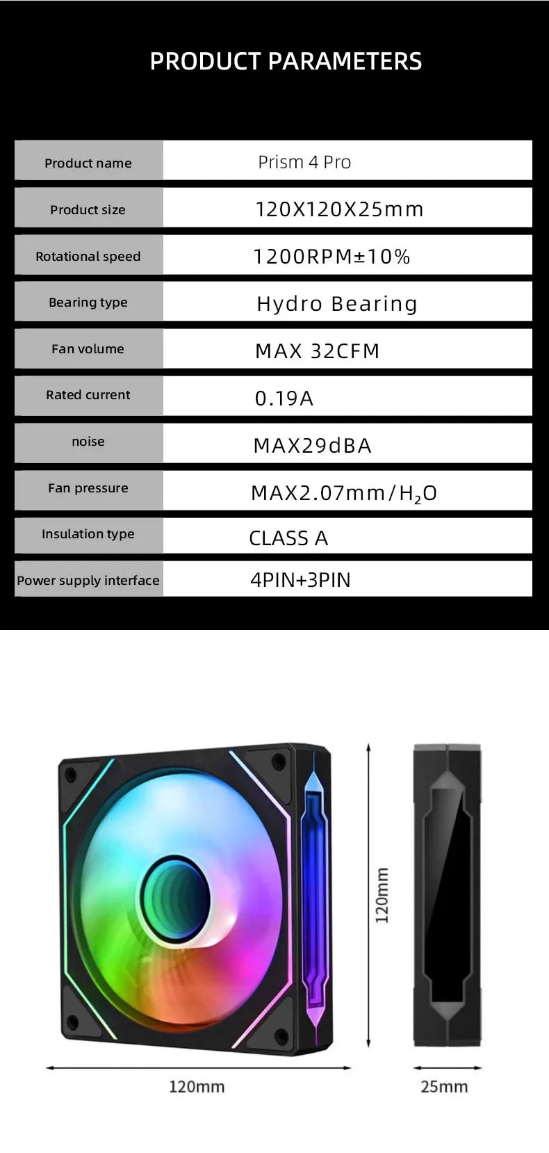 Cooler Fan PRISM 4 PRO ARGB 120mm para Gabinete – 4 Pinos PWM, Silencioso, Efeito Espelho