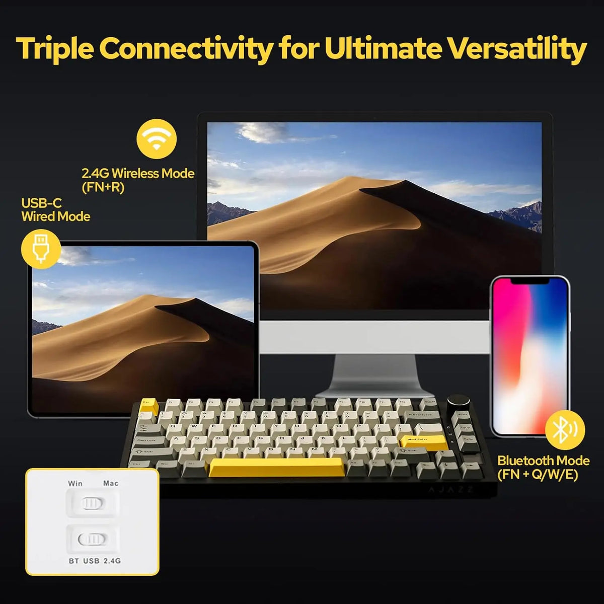 Teclado Mecânico Sem Fio AJAZZ AK820 Pro – Bluetooth 5.1, 2.4G, USB-C, RGB, Hot Swap, Gasket Mount
