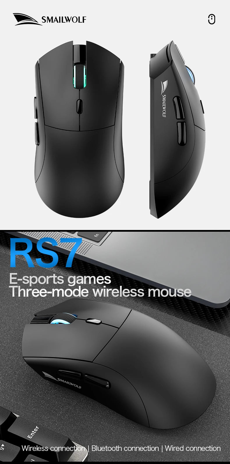 Mouse Gamer Sem Fio SMAILWOLF RS7 Bluetooth – 20000 DPI, PAW3311, Macro | Notebook e Desktop
