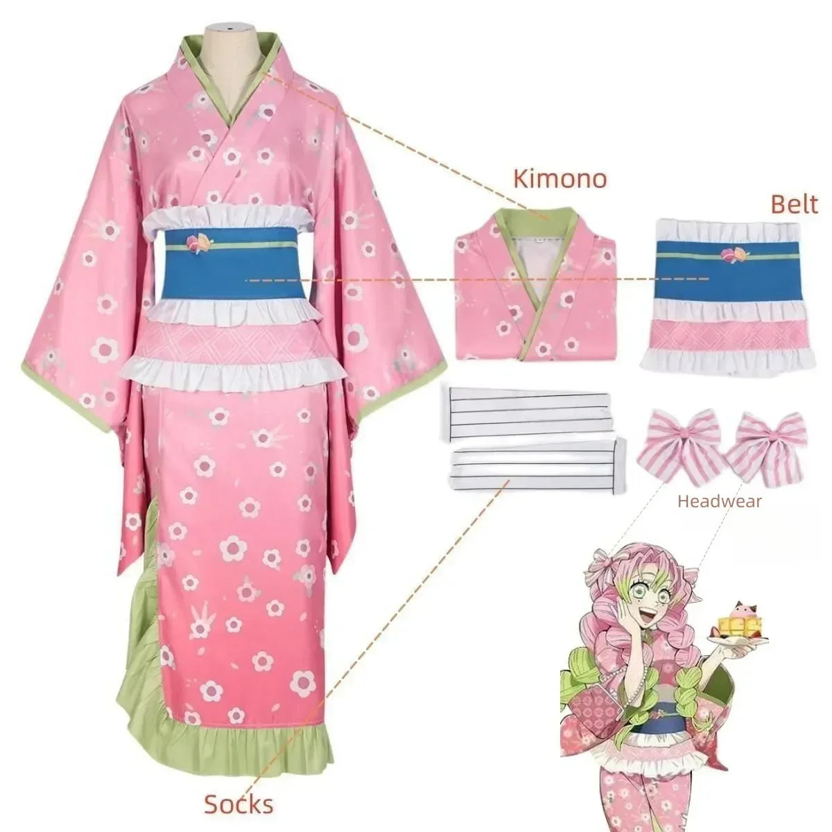 Fantasia Kanroji Mitsuri – Demon Slayer | Kimono Rosa Completo com Peruca Opcional