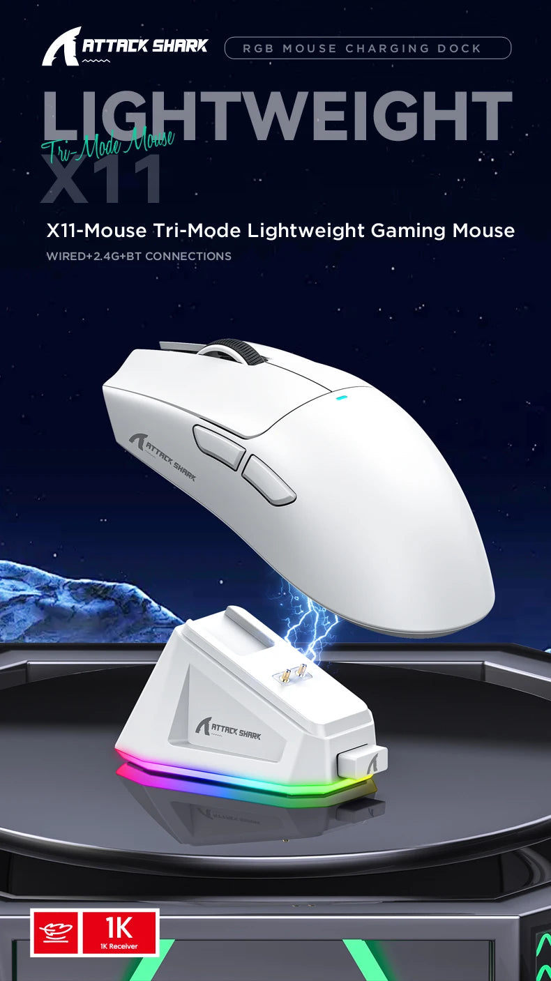Mouse Gamer Attack Shark X11 Sem Fio Bluetooth 3 Modos – RGB, PAW3311, Carregamento Magnético
