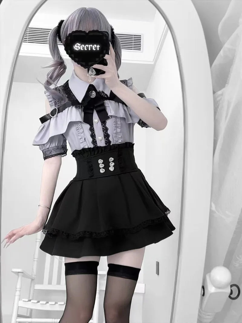 Conjunto Jirai Kei Lolita Y2K – Blusa de Renda Manga Curta/Longa + Saia Preta Kawaii