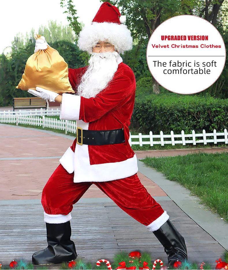 Fantasia Papai Noel Cosplay – Conjunto Veludo Dourado Natal | 5 a 10 Peças Adulto