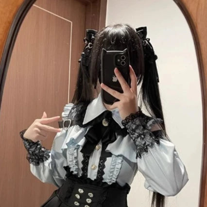 Conjunto Jirai Kei Lolita Y2K – Blusa de Renda Manga Curta/Longa + Saia Preta Kawaii