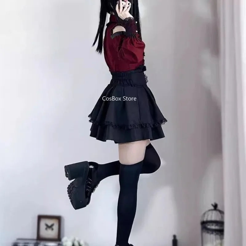 Conjunto Jirai Kei Lolita Y2K – Blusa de Renda Manga Curta/Longa + Saia Preta Kawaii