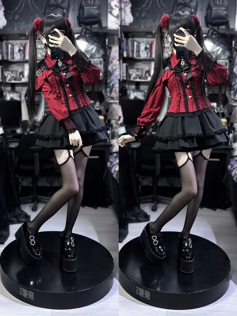 Conjunto Jirai Kei Lolita Y2K – Blusa de Renda Manga Curta/Longa + Saia Preta Kawaii