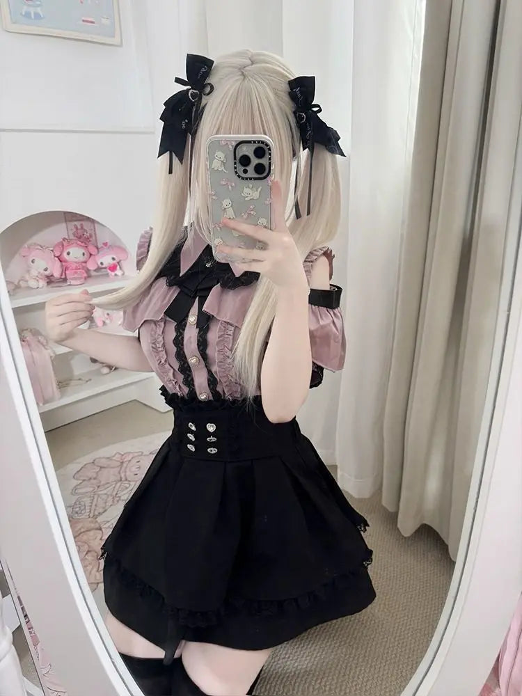 Conjunto Jirai Kei Lolita Y2K – Blusa de Renda Manga Curta/Longa + Saia Preta Kawaii
