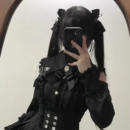 Conjunto Jirai Kei Lolita Y2K – Blusa de Renda Manga Curta/Longa + Saia Preta Kawaii