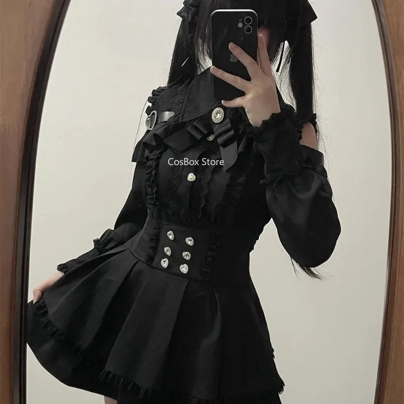 Conjunto Jirai Kei Lolita Y2K – Blusa de Renda Manga Curta/Longa + Saia Preta Kawaii