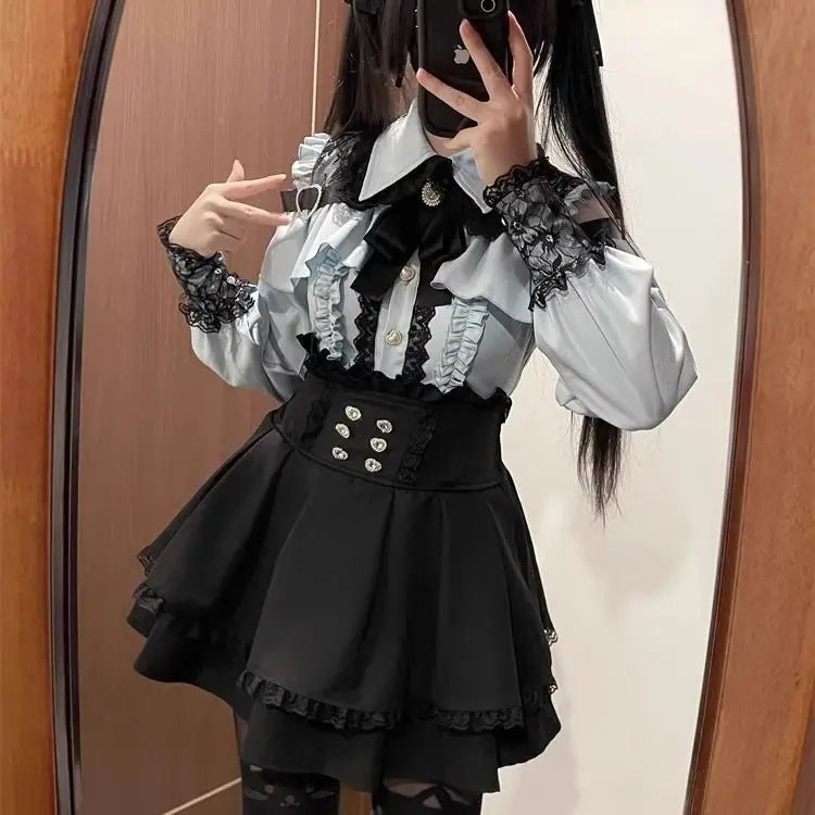 Conjunto Jirai Kei Lolita Y2K – Blusa de Renda Manga Curta/Longa + Saia Preta Kawaii