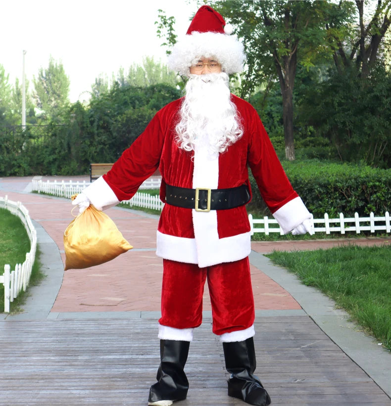 Fantasia Papai Noel Cosplay – Conjunto Veludo Dourado Natal | 5 a 10 Peças Adulto