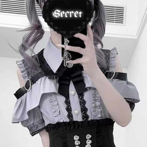 Conjunto Jirai Kei Lolita Y2K – Blusa de Renda Manga Curta/Longa + Saia Preta Kawaii