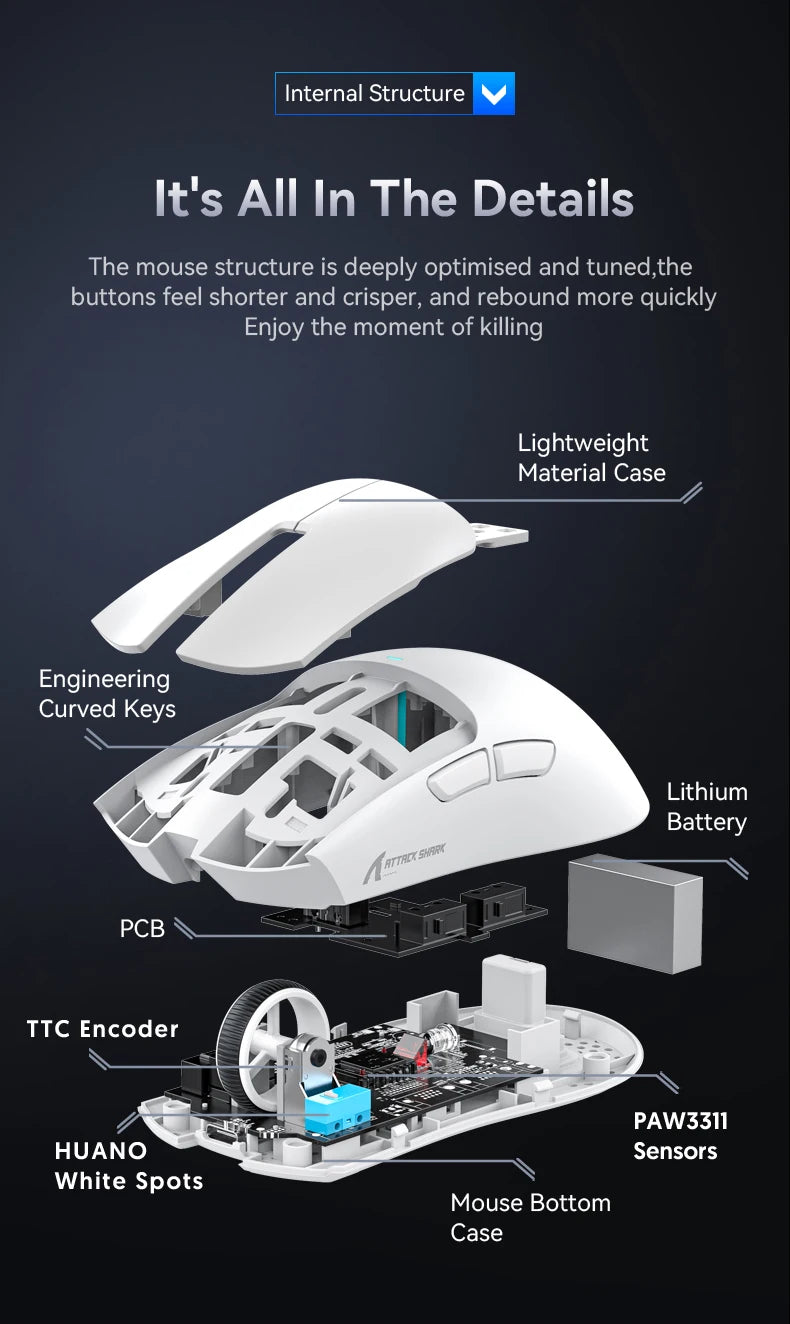 Mouse Gamer Attack Shark X11 Sem Fio Bluetooth 3 Modos – RGB, PAW3311, Carregamento Magnético