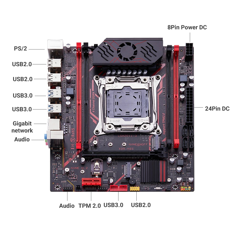 Kit Placa-Mãe QIYIDA X99 H9S com Xeon E5 2630 V4, DDR4 16GB, NVME M.2 e TPM 2.0