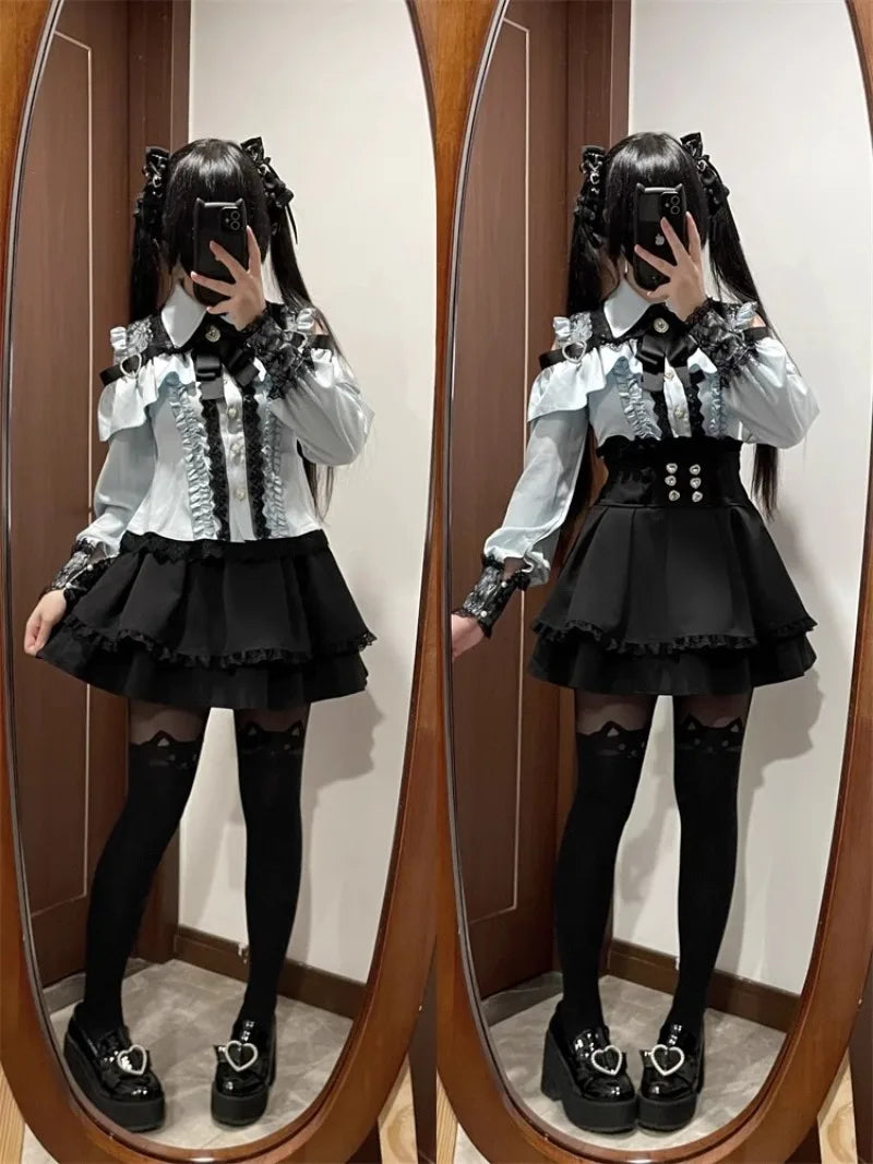 Conjunto Jirai Kei Lolita Y2K – Blusa de Renda Manga Curta/Longa + Saia Preta Kawaii