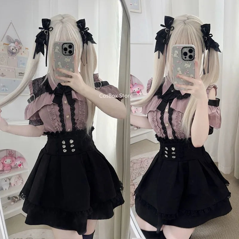 Conjunto Jirai Kei Lolita Y2K – Blusa de Renda Manga Curta/Longa + Saia Preta Kawaii