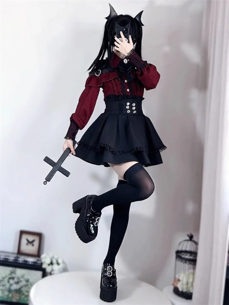 Conjunto Jirai Kei Lolita Y2K – Blusa de Renda Manga Curta/Longa + Saia Preta Kawaii