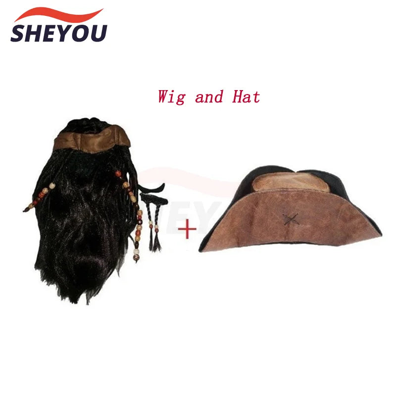Peruca Jack Sparrow Cosplay – Piratas do Caribe | Cabelo Sintético + Chapéu para Halloween