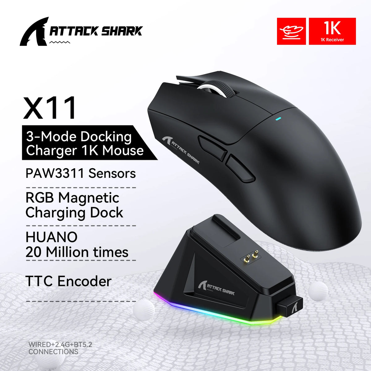 Mouse Gamer Attack Shark X11 Sem Fio Bluetooth 3 Modos – RGB, PAW3311, Carregamento Magnético