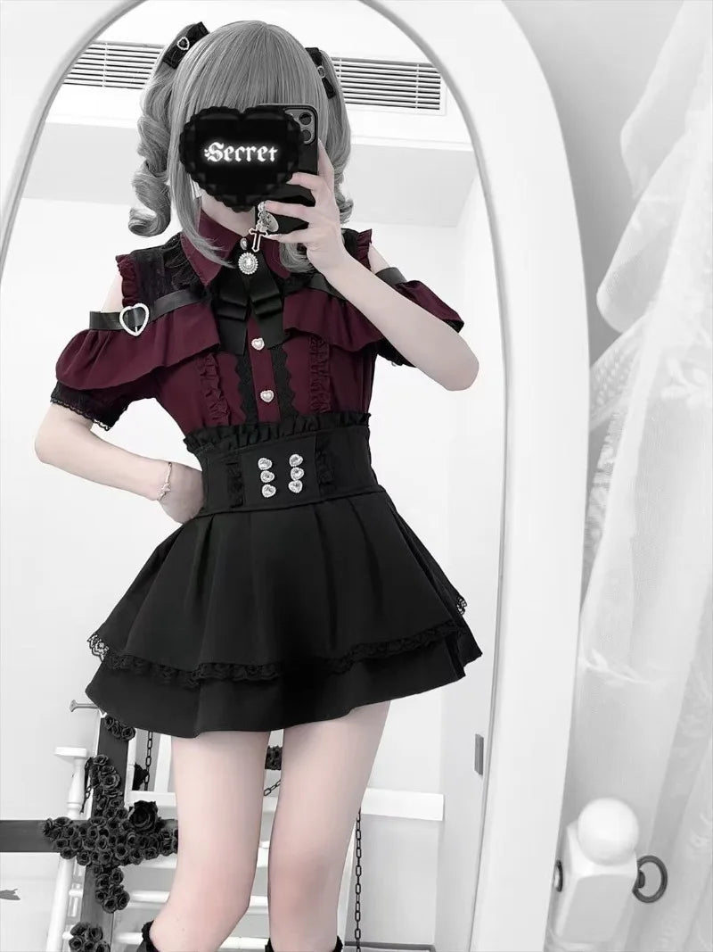 Conjunto Jirai Kei Lolita Y2K – Blusa de Renda Manga Curta/Longa + Saia Preta Kawaii