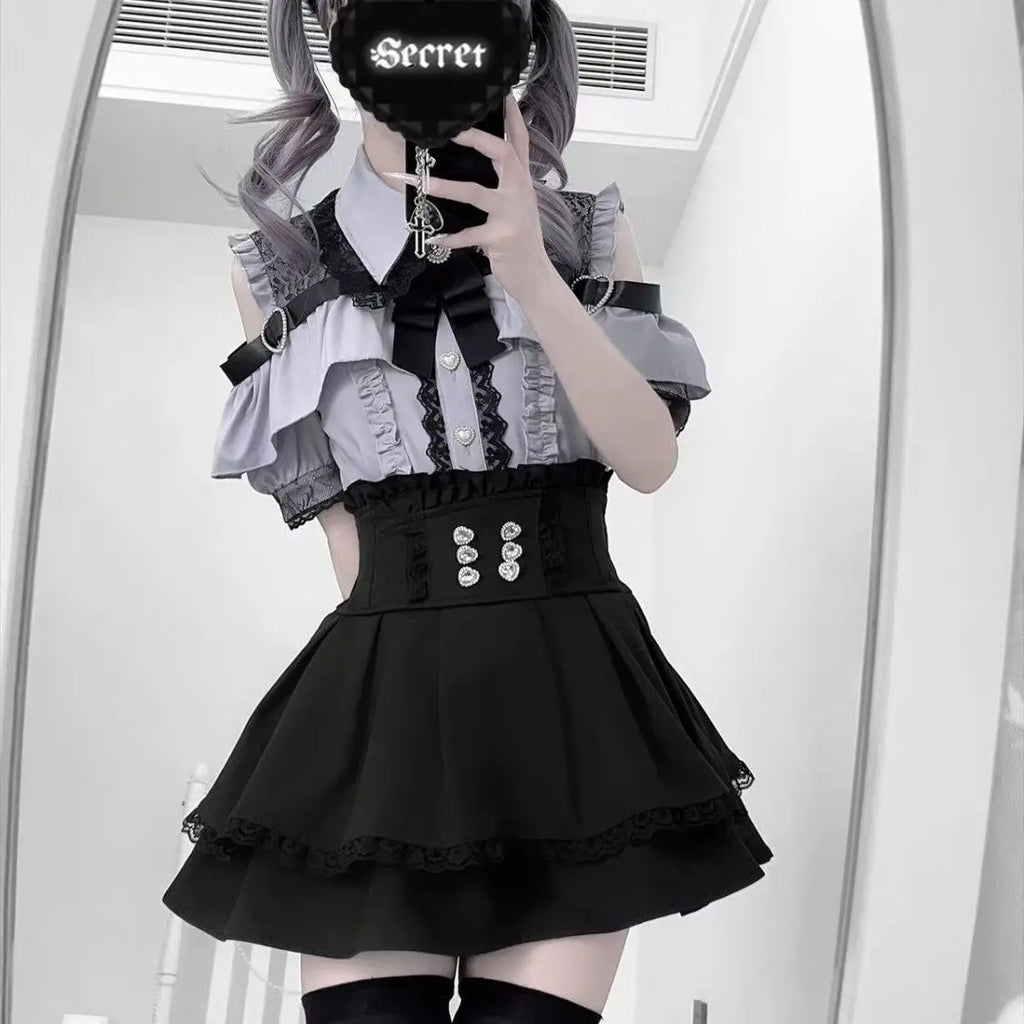 Conjunto Jirai Kei Lolita Y2K – Blusa de Renda Manga Curta/Longa + Saia Preta Kawaii