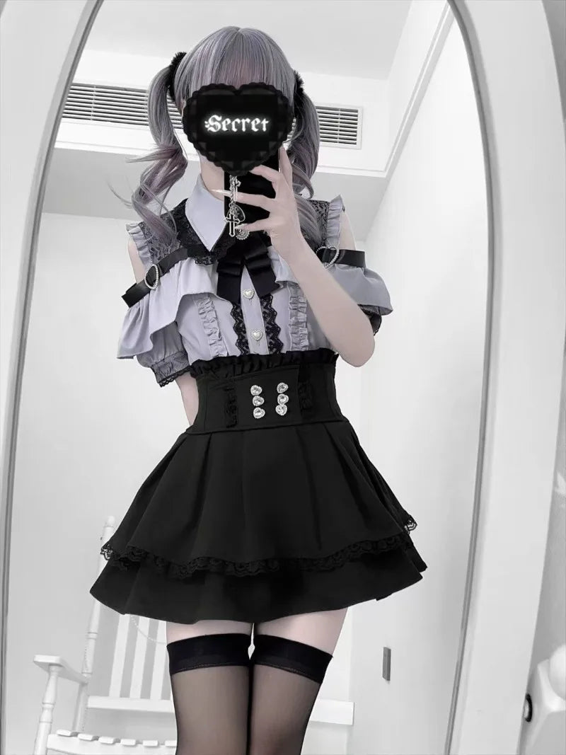 Conjunto Jirai Kei Lolita Y2K – Blusa de Renda Manga Curta/Longa + Saia Preta Kawaii