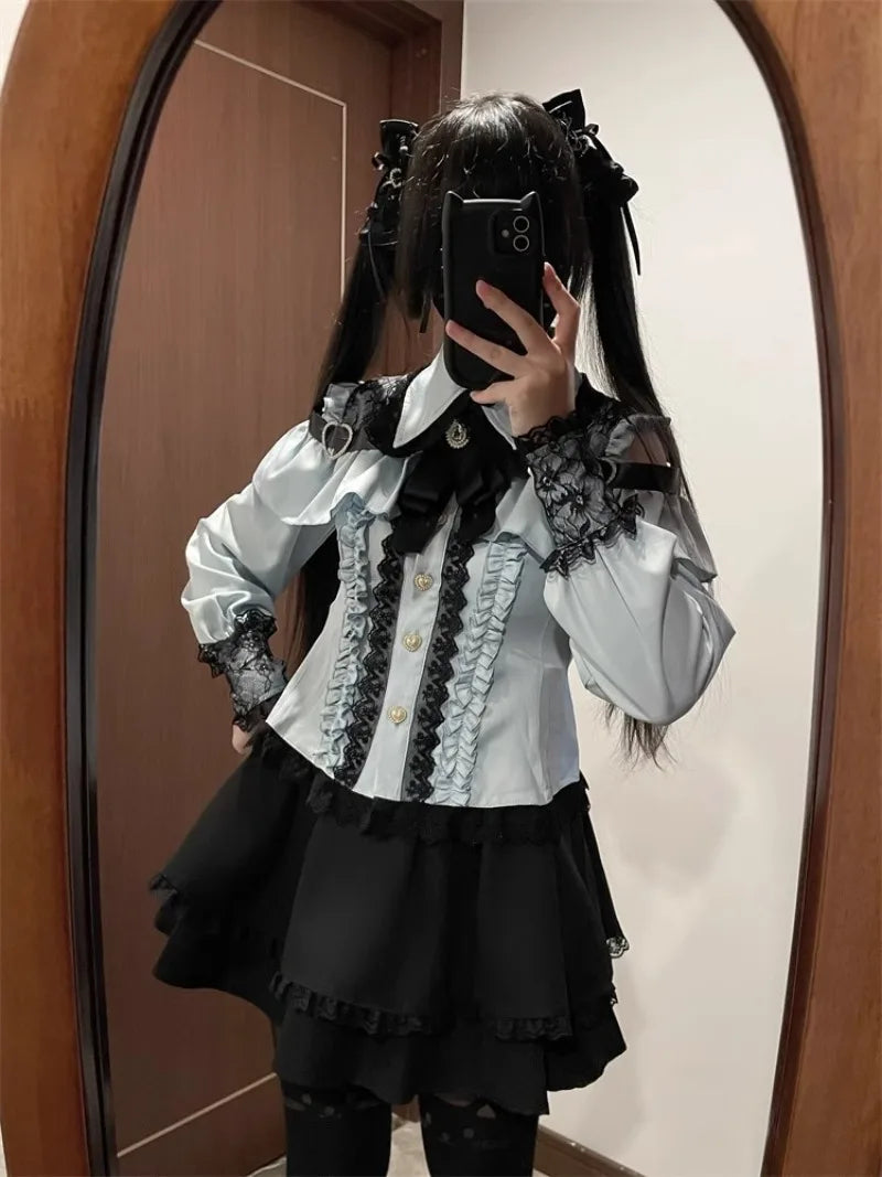 Conjunto Jirai Kei Lolita Y2K – Blusa de Renda Manga Curta/Longa + Saia Preta Kawaii