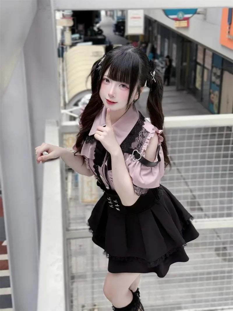 Conjunto Jirai Kei Lolita Y2K – Blusa de Renda Manga Curta/Longa + Saia Preta Kawaii
